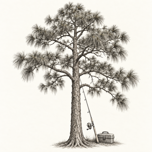 Pencil drawing of a longleaf pine, fishing rod and tackle box